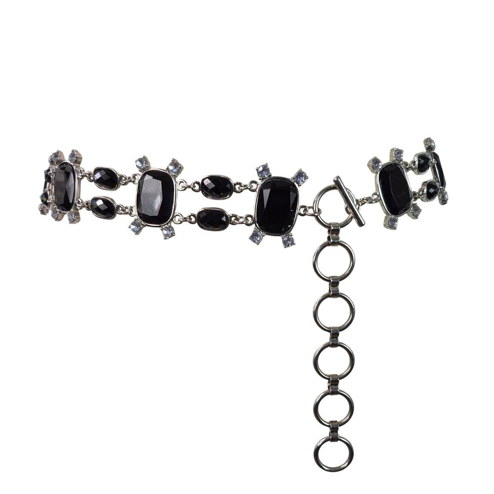 Black Faceted Gemstones Rhinestones Silver Tone Bling Metal Waist Belt 30" Plus